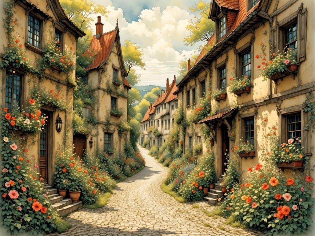 Quaint Cobblestone Street in Rønne's Old Town, Blooming with...