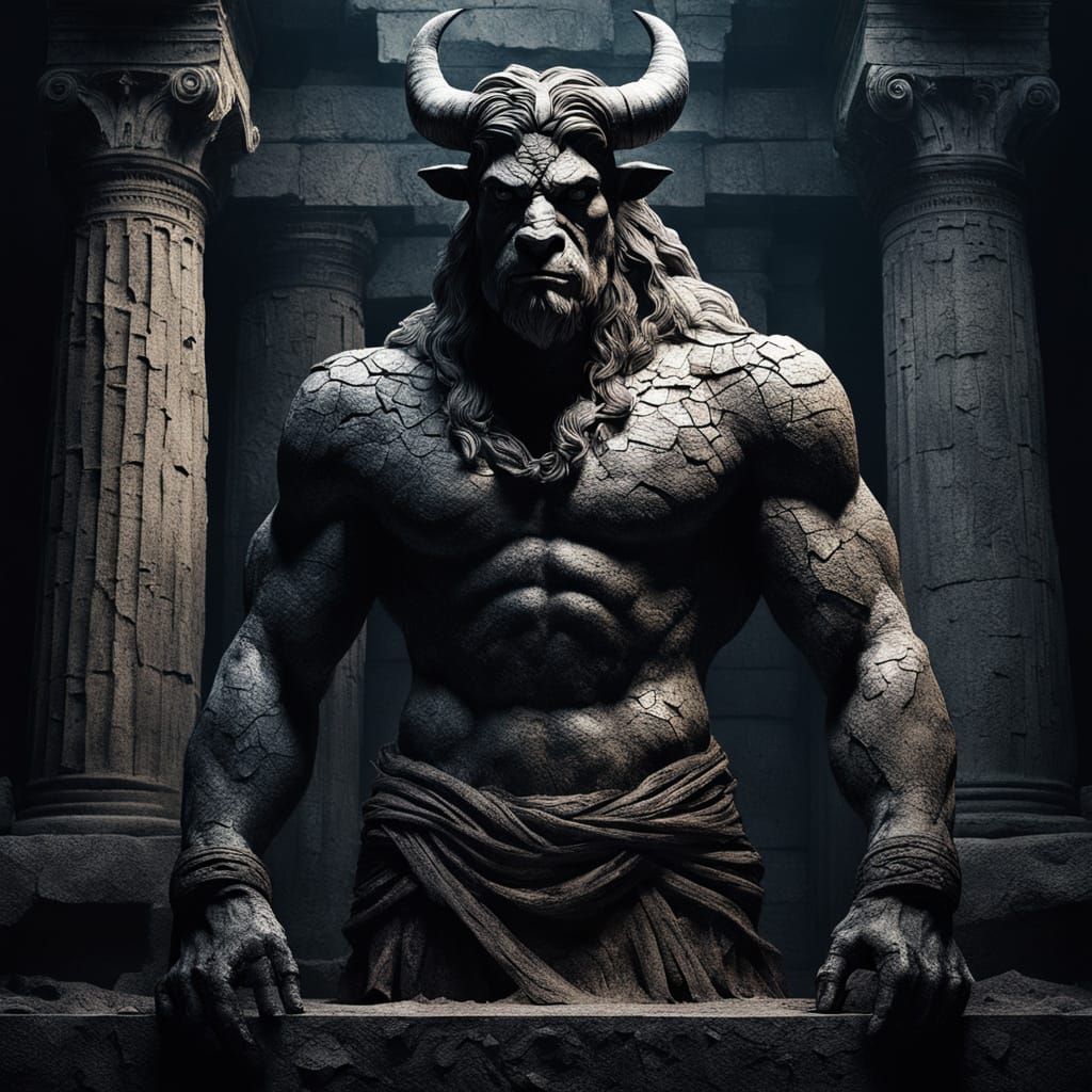 Fierce Minotaur Sculpture in Ancient Greek Temple