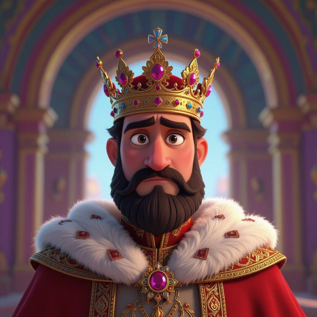 King with Conflicted Face in Opulent Palace in 3D Style