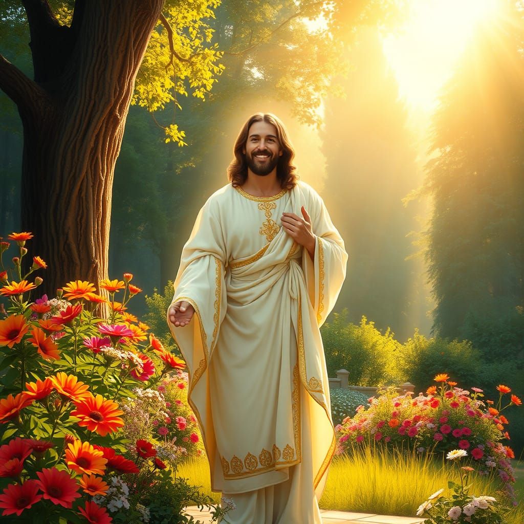 Jesus in a Lush, Sunlit Garden Scene, Inspired by Idyllic Re...