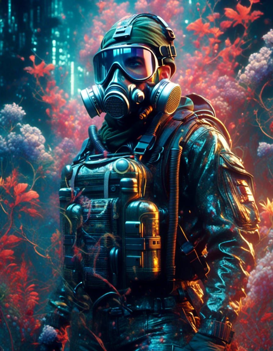 BioPunk Warrior in Toxic Wasteland: Double Exposure Art