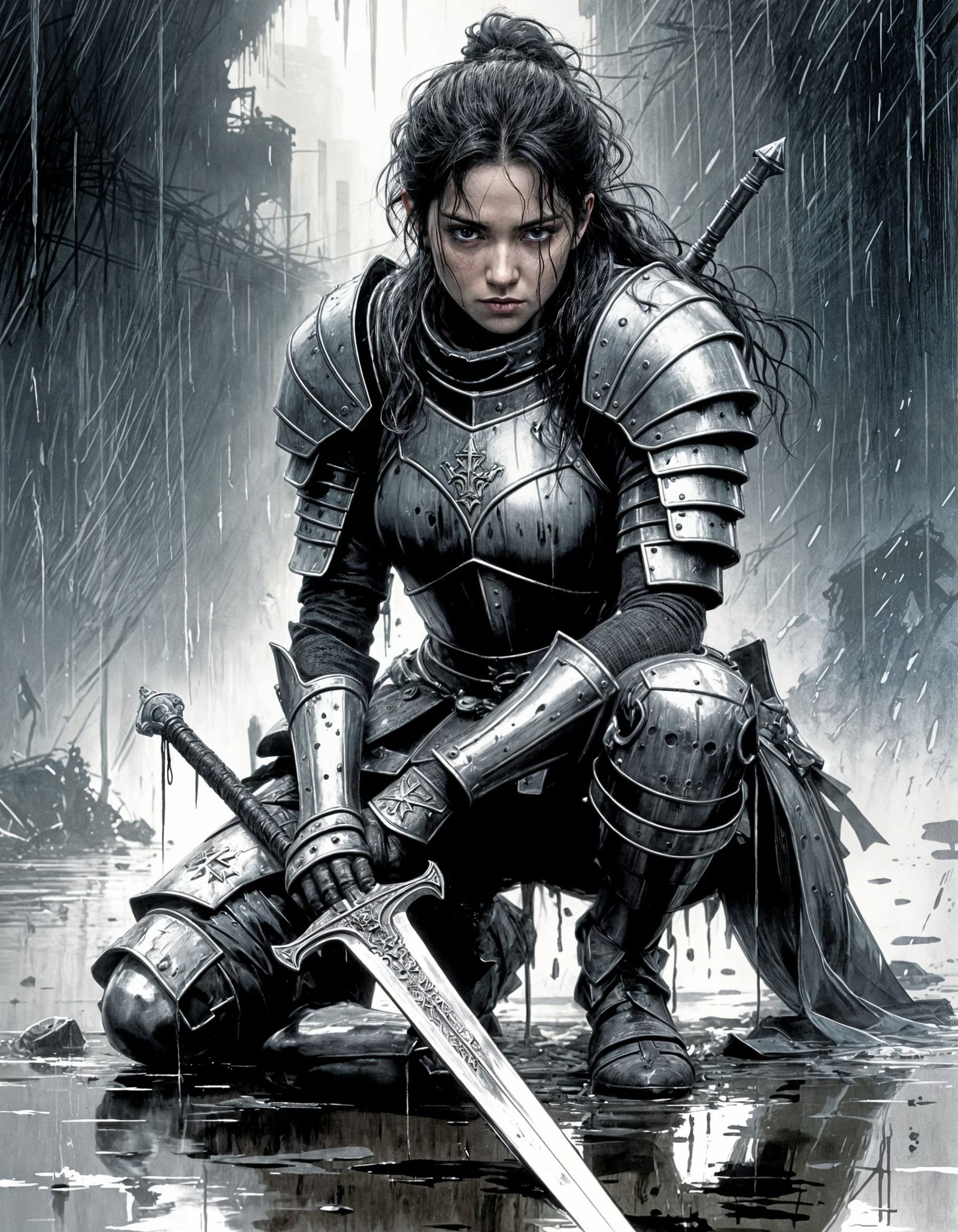Determined Knight in Rain-Soaked Battlefield