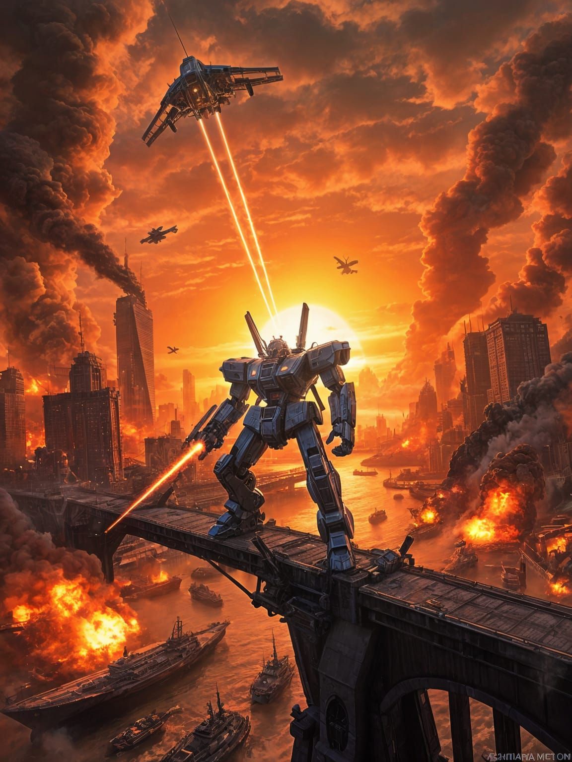 Mecha Battle in Burning City at Sunset