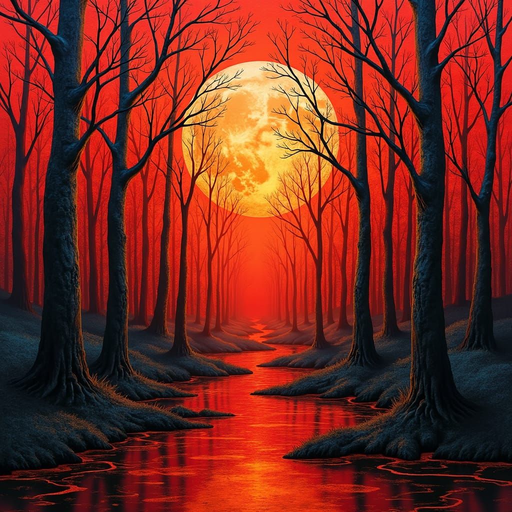 Red Forest Moonscape in Art Brut Style