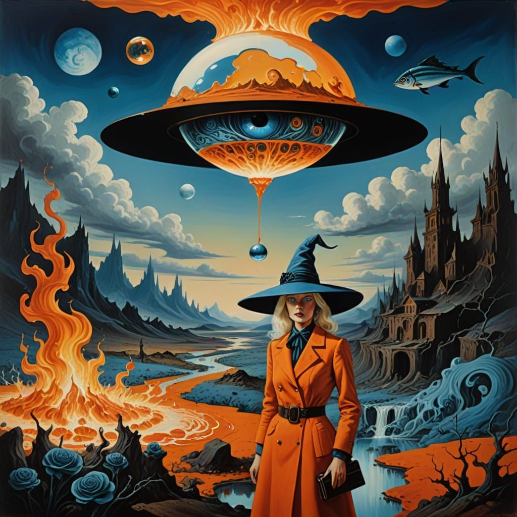 Surreal Femme Fatale with Witch Hat in Dreamlike Landscape