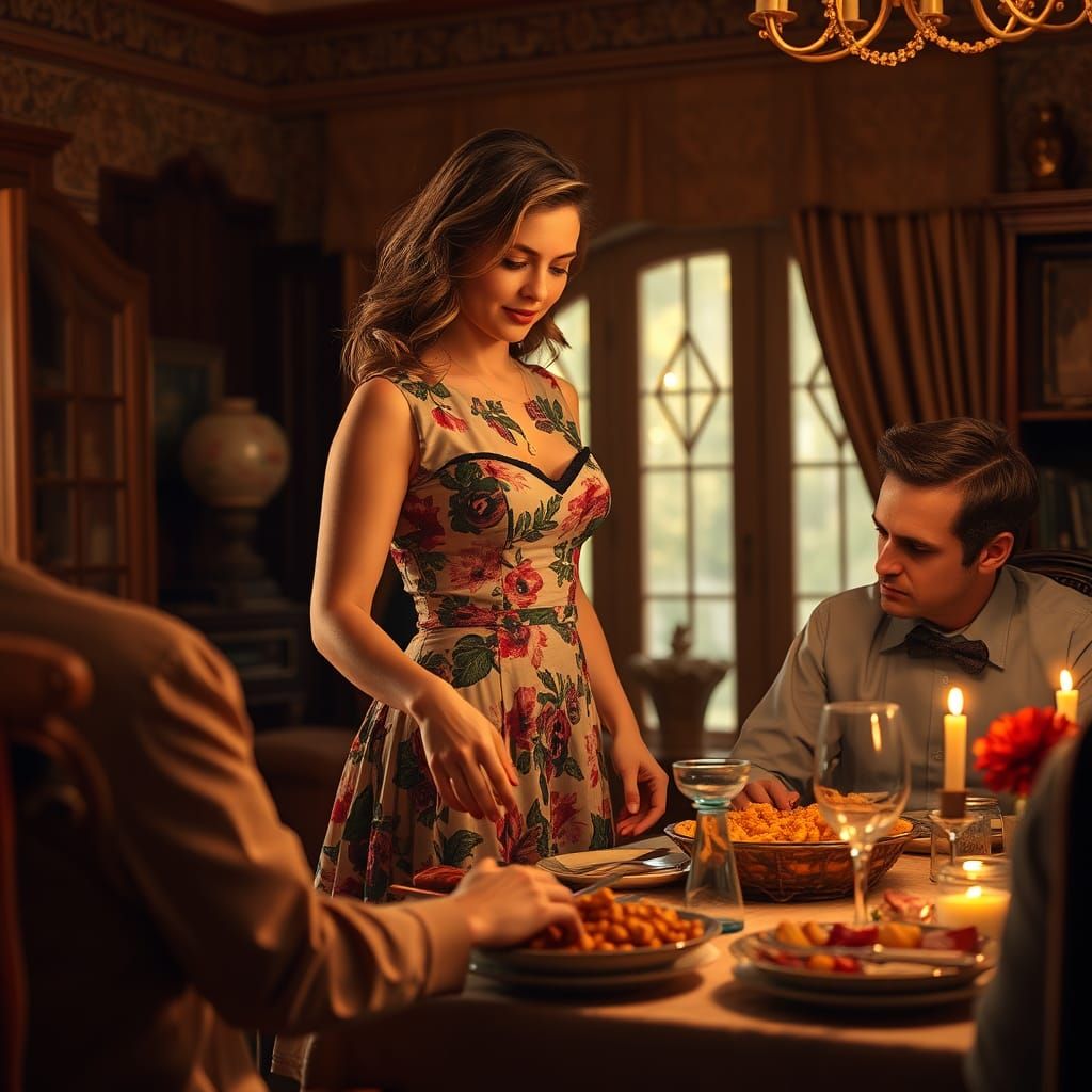 American Tradwife Serving Dinner: Hyperrealistic Art