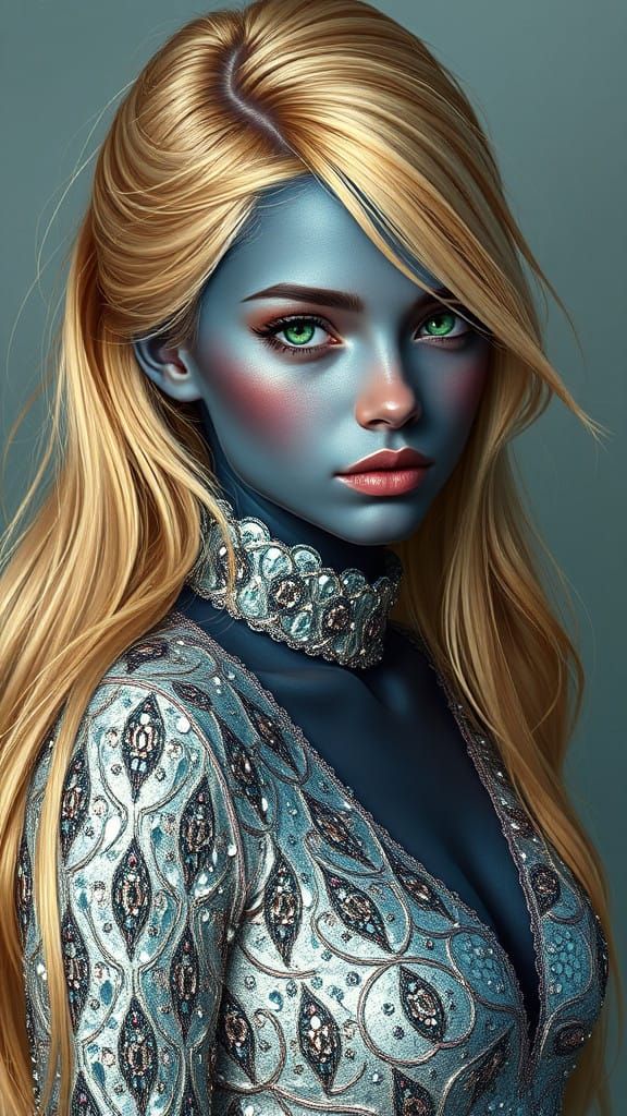 Ethereal Blue Goddess with Shimmering Silver Gown