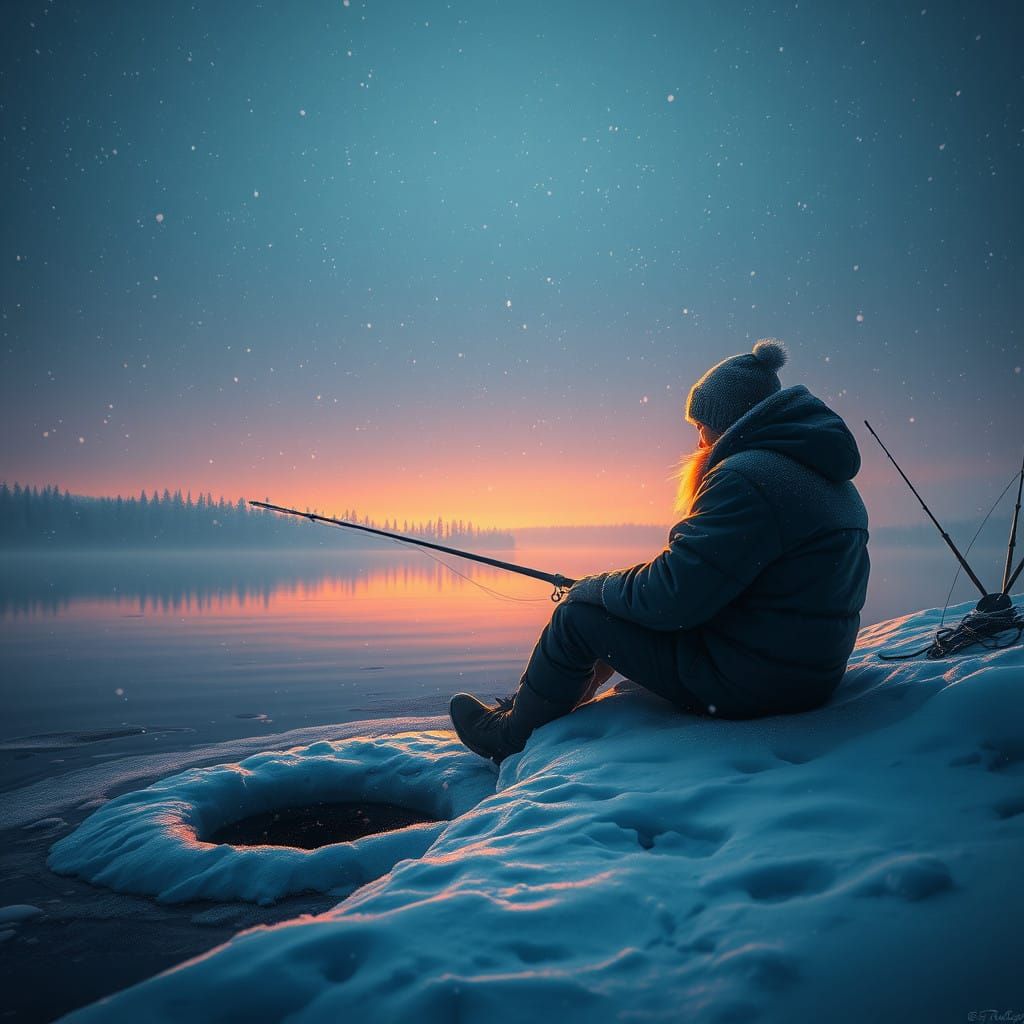 Majestic Ice Fisherman in Winter Wonderland