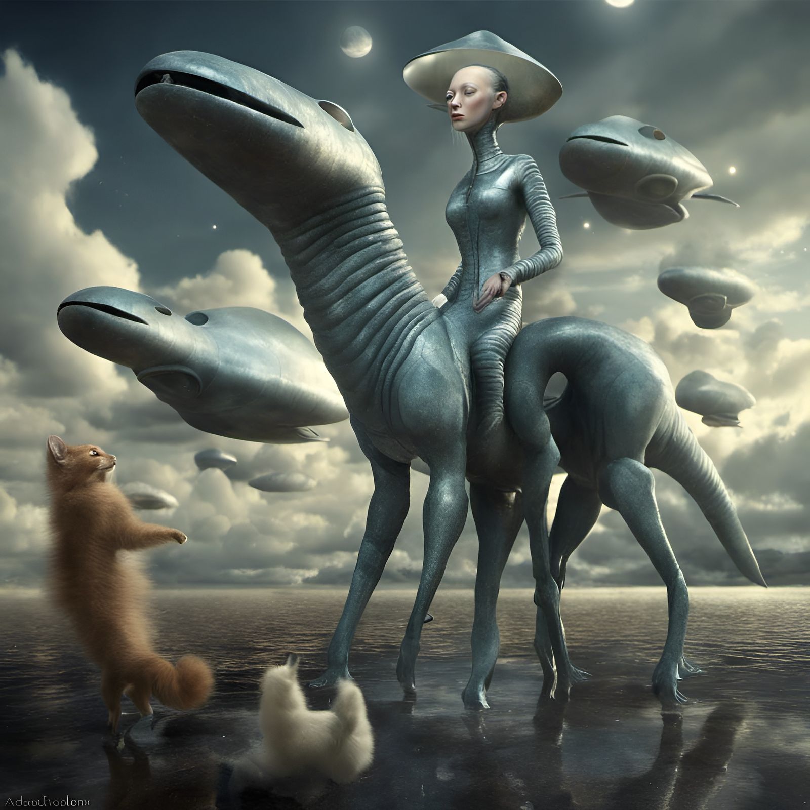 Surreal Alien People and Pets in Dreamy Landscape