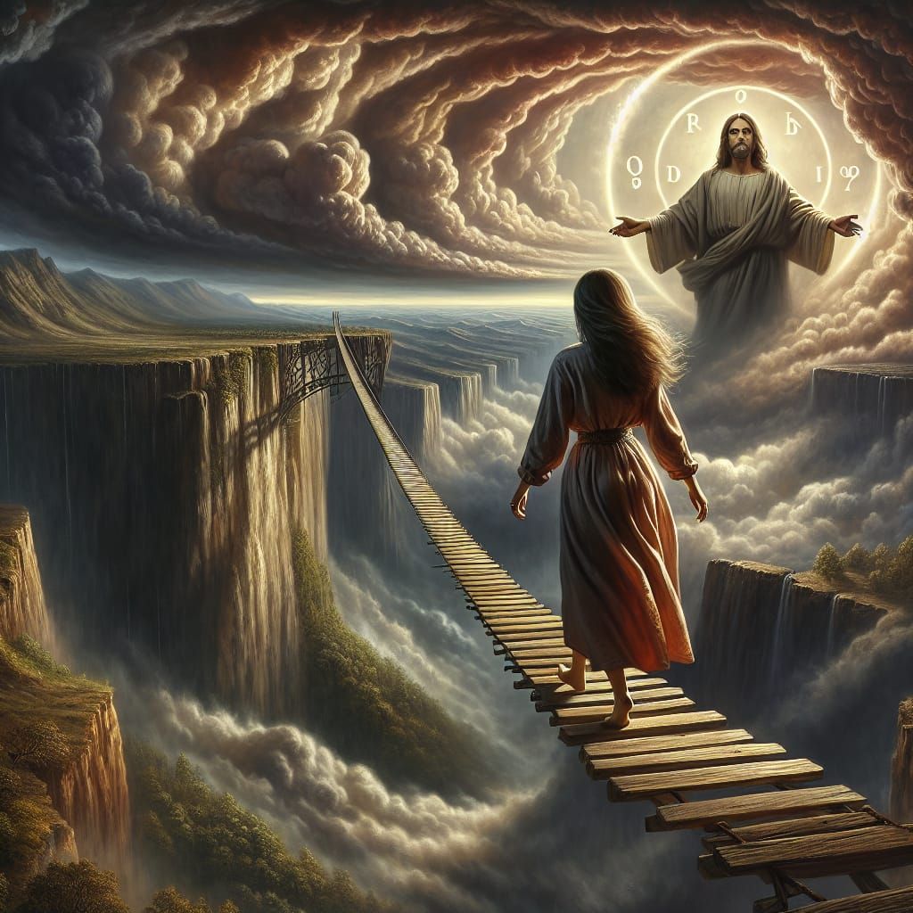 Woman Crossing Bridge in Storm, Mystical Realism