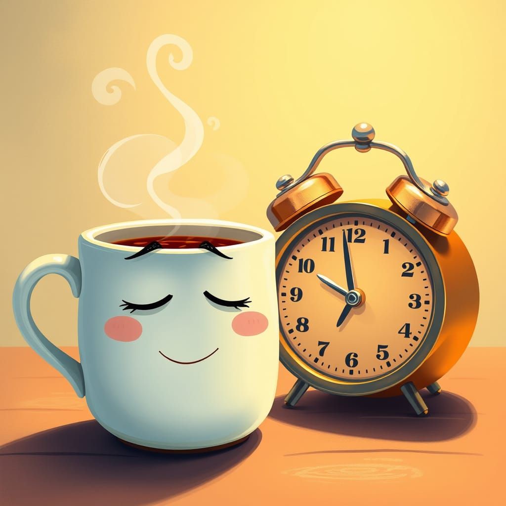 Whimsical Coffee Mug and Alarm Clock Illustration