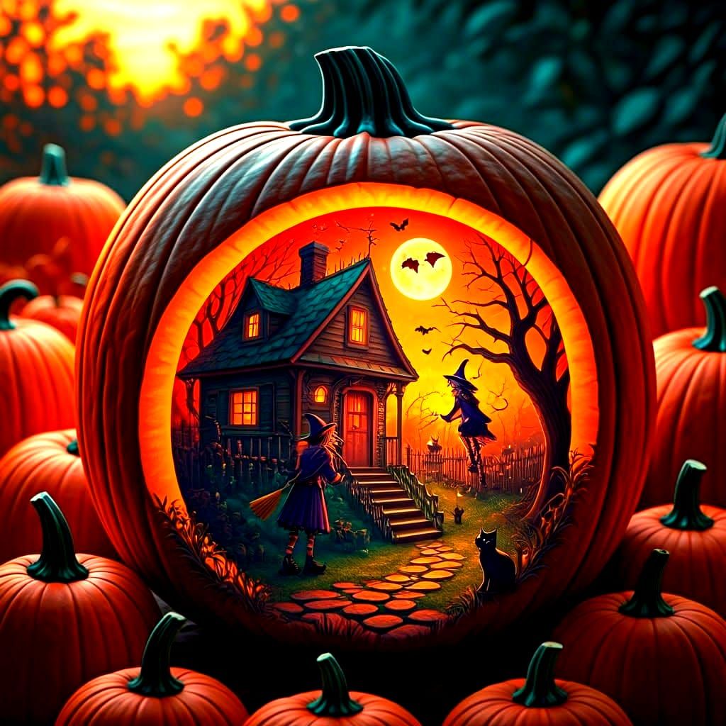 Surreal Halloween Pumpkin Diorama with Witches