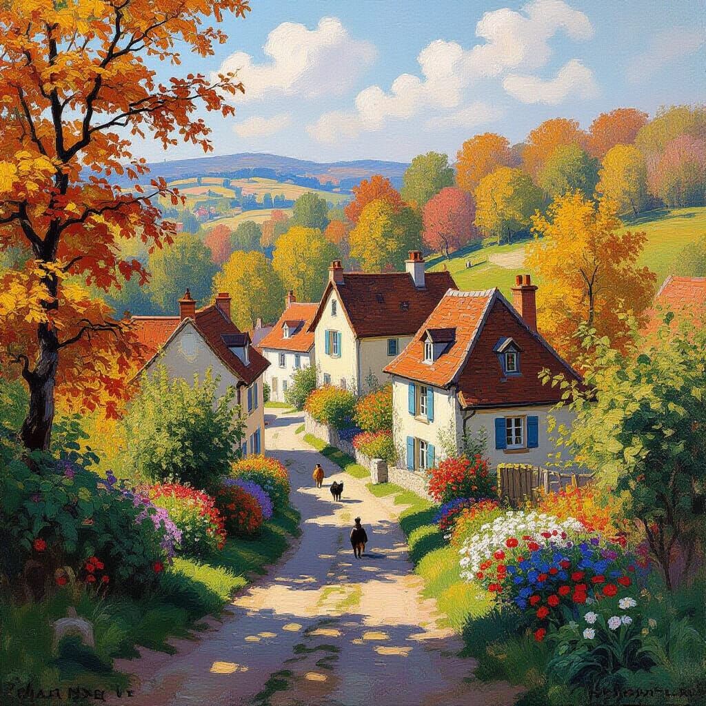 Impressionistic Village Scene with Autumn Colors