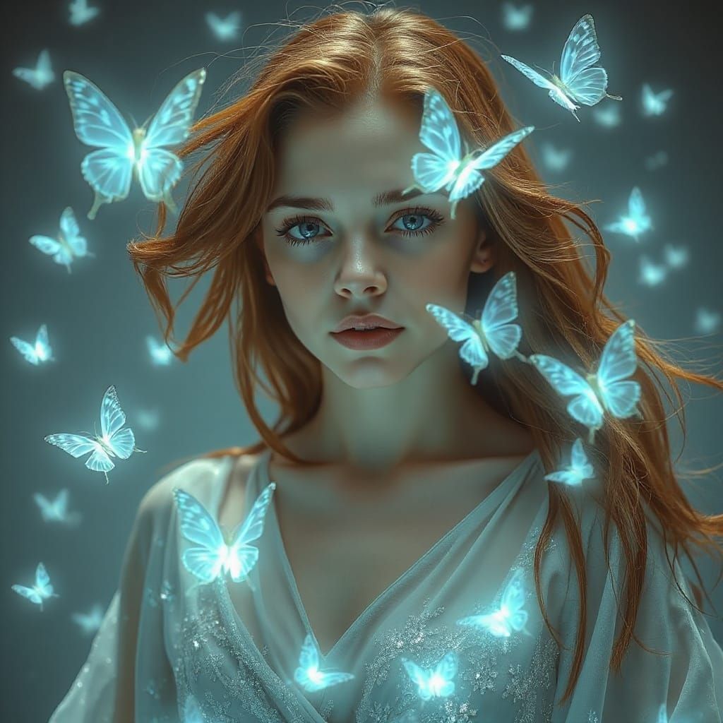 Ethereal Woman Surrounded by Bioluminescent Butterflies