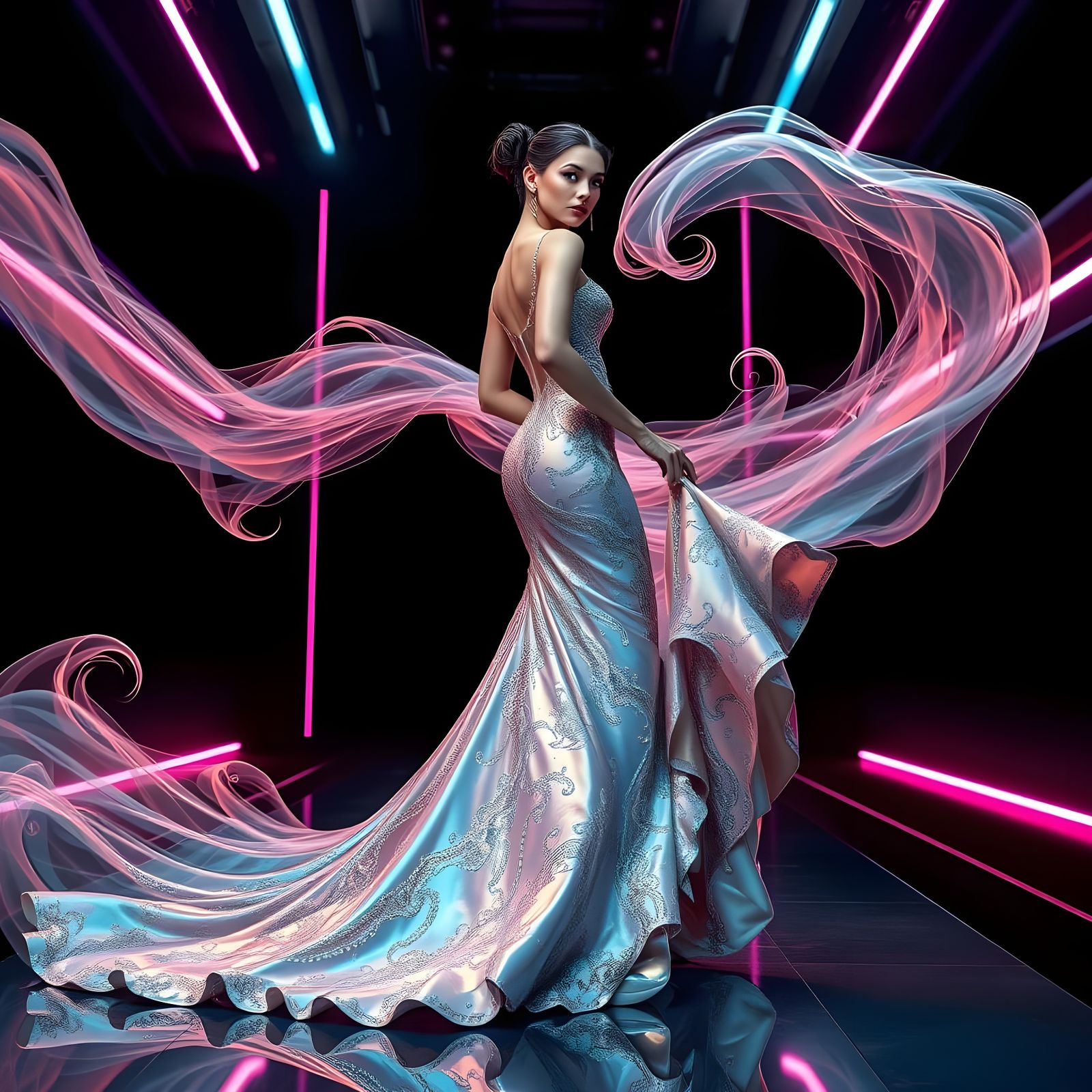 Ethereal Runway Goddess in a Futuristic Gown