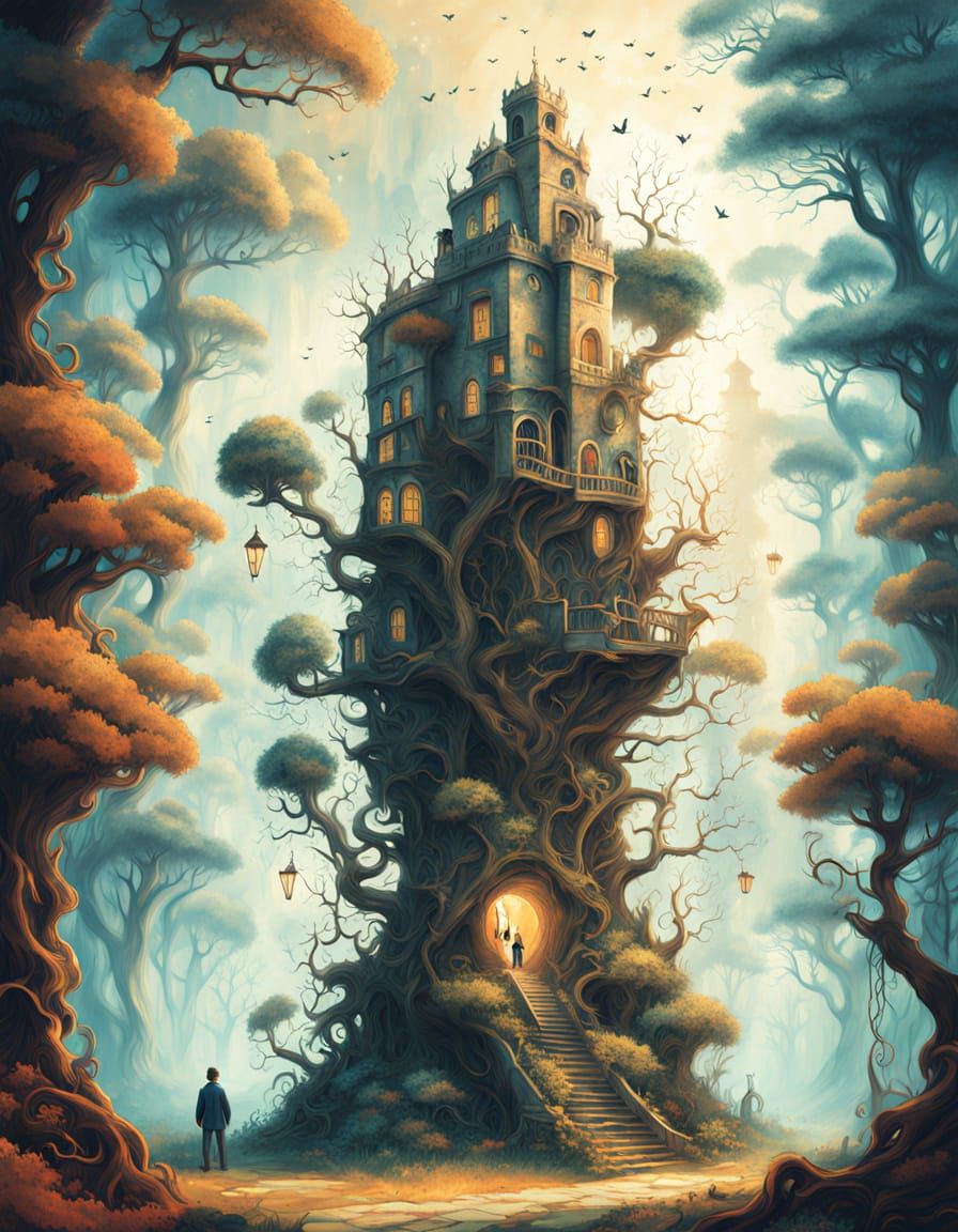 Surreal Dreamscapes: Ghostly Figure Amidst Twisted Treehouse