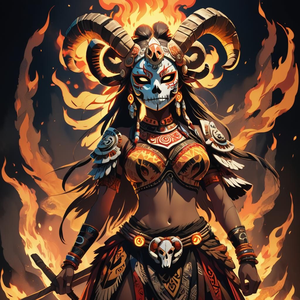 Anime Tribal Princess with Ram Skull Mask