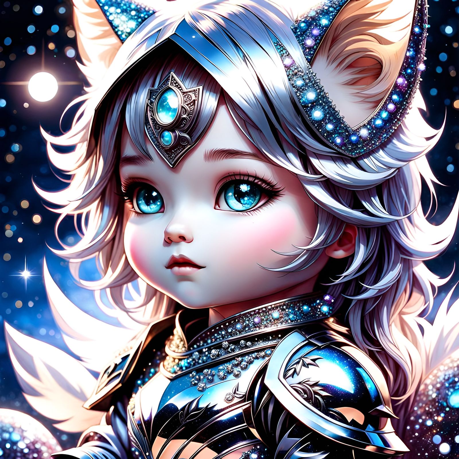 Moonlit Portrait of a Cute Anime Catgirl Knight in Sparkly Silver Armor