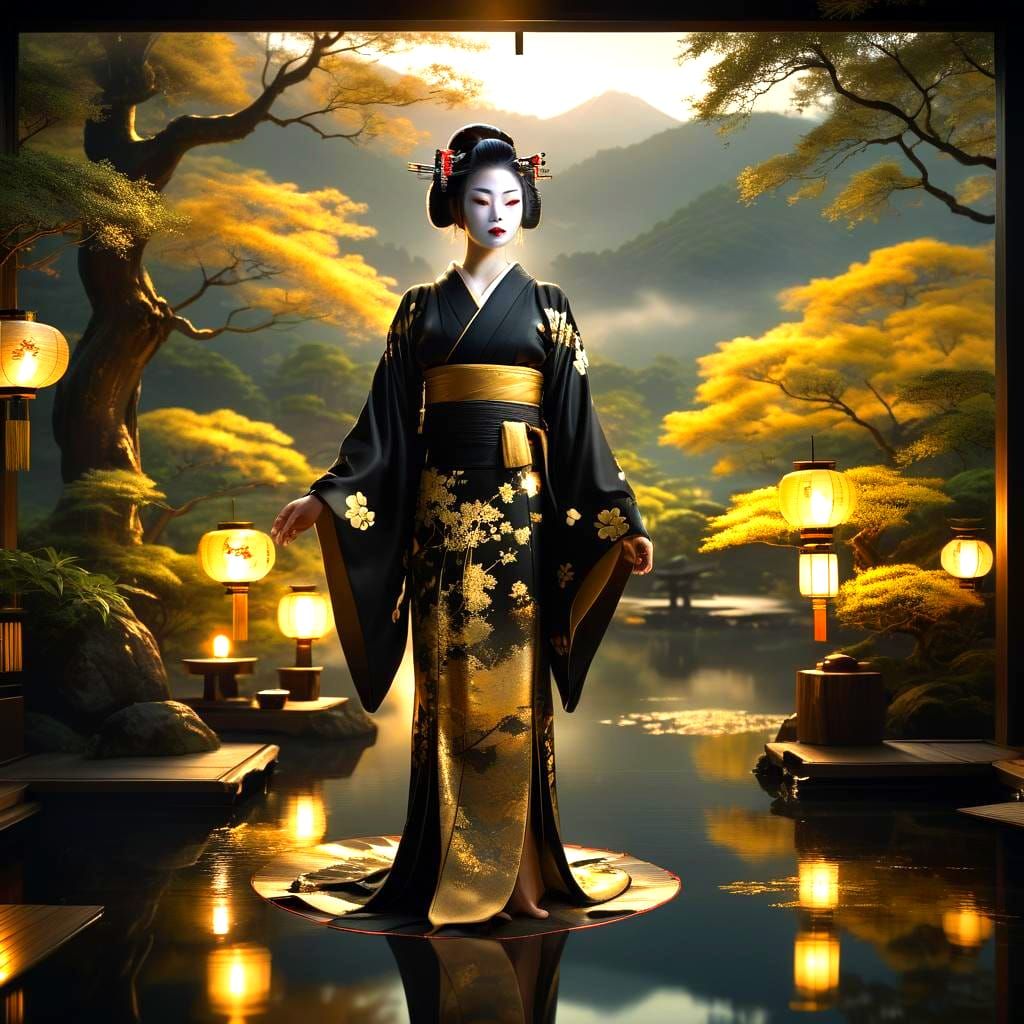 Bioluminescent Geisha in Tea Room: Digital Matte Painting