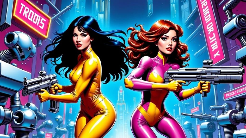 Retro-Futuristic Robot Factory Escape in Comic Art Style