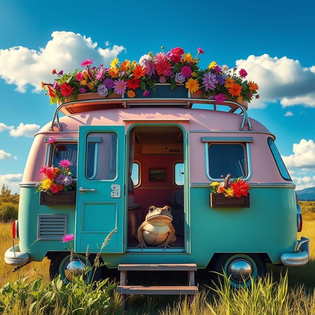 Pastel Dreamscapes: Vibrant Camper Van in Serene Paradise