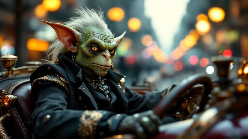 Steampunk Goblin Gentleman in Convertible Car