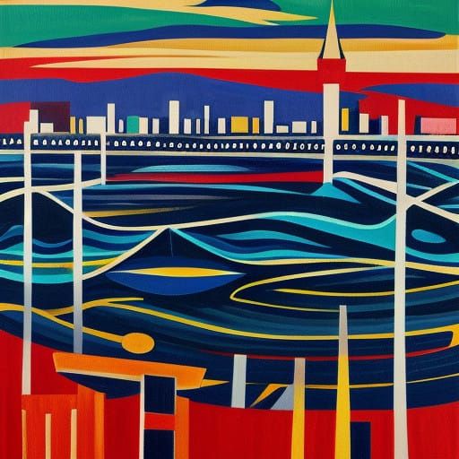 Surreal Cityscape in Expressionist and Kinetic Art Style