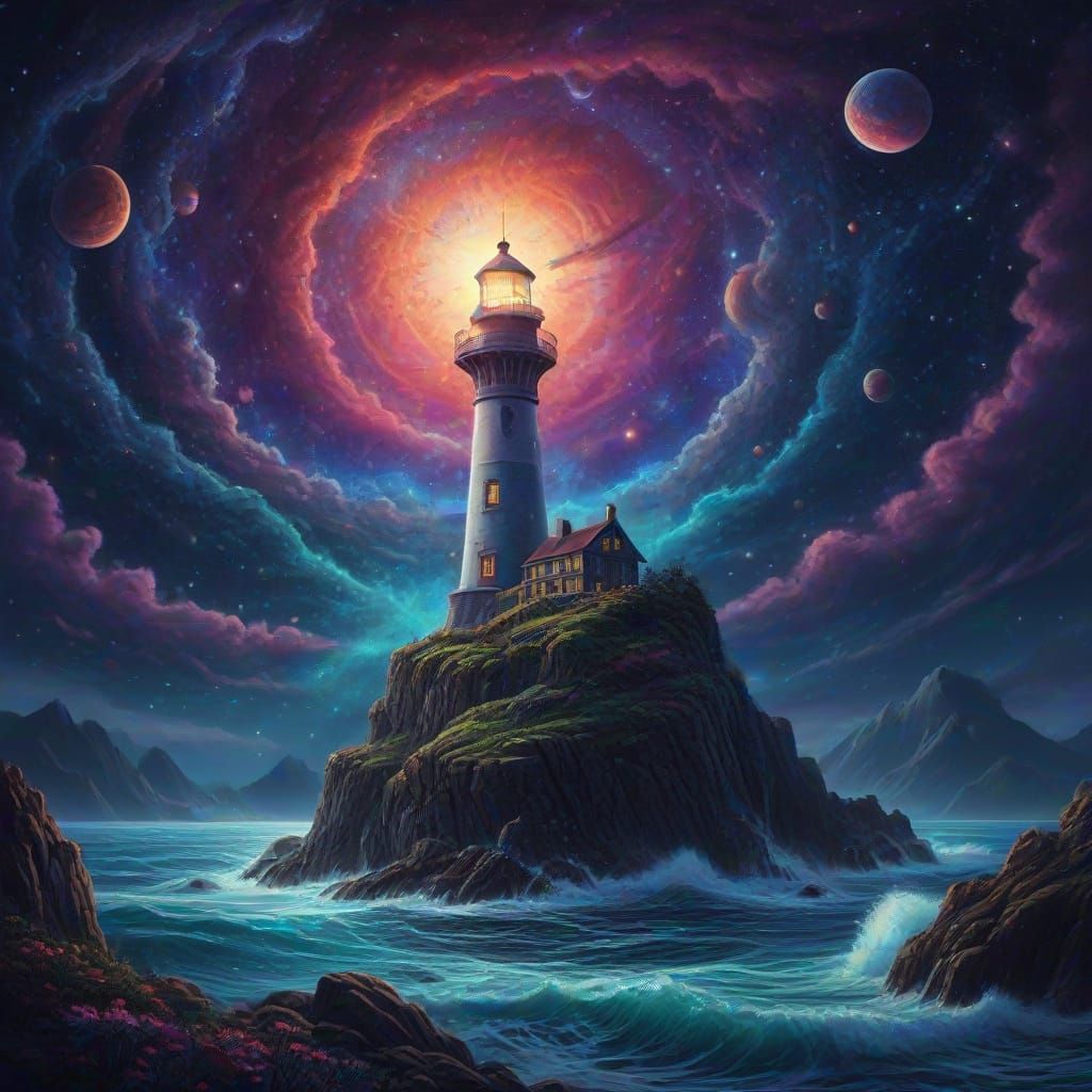Cosmic Lighthouse on Dark Fantasy Cliff