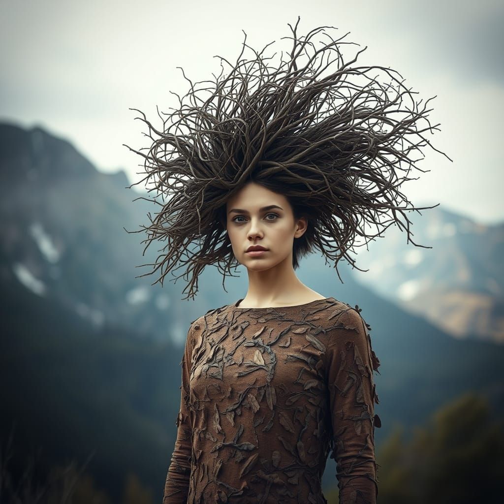 Surreal Goddess Blending into Forest Landscape