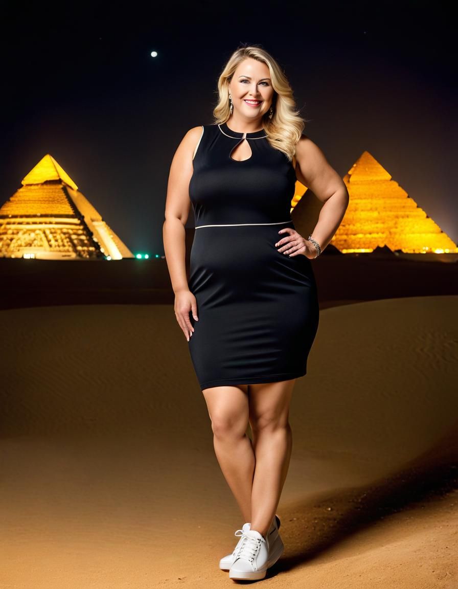 Elegant Woman Standing Before the Pyramids at Night