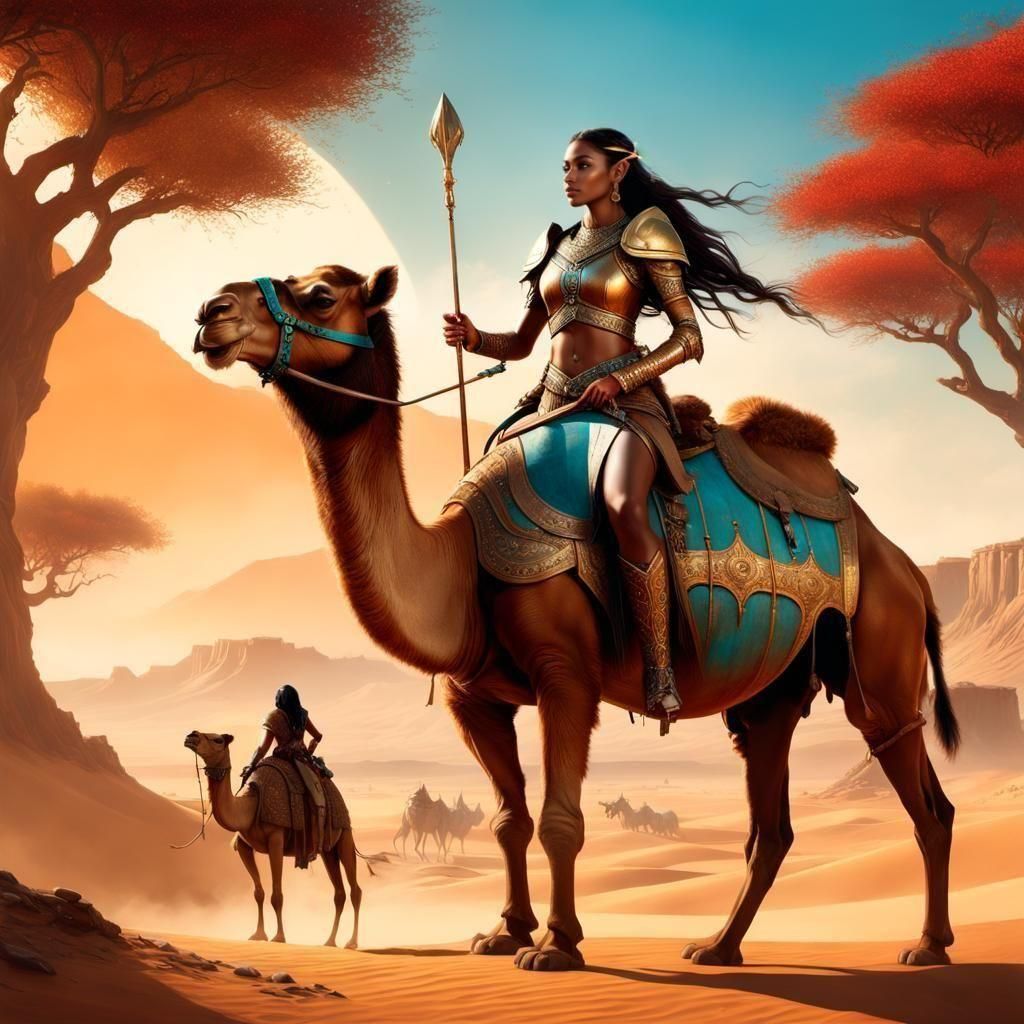 Elven Woman Drummer on Camel, Fantasy Art