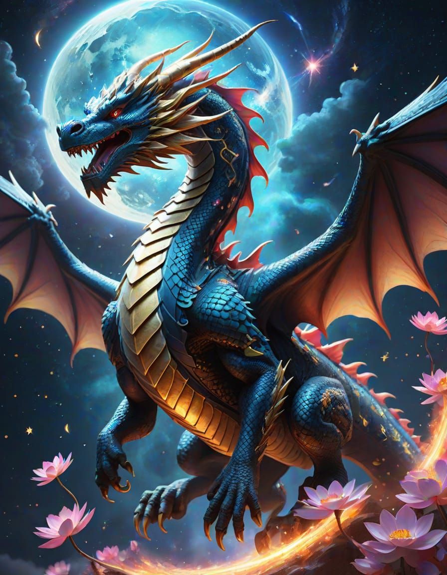 Celestial Dragon Soaring Through a Lotus Nebula