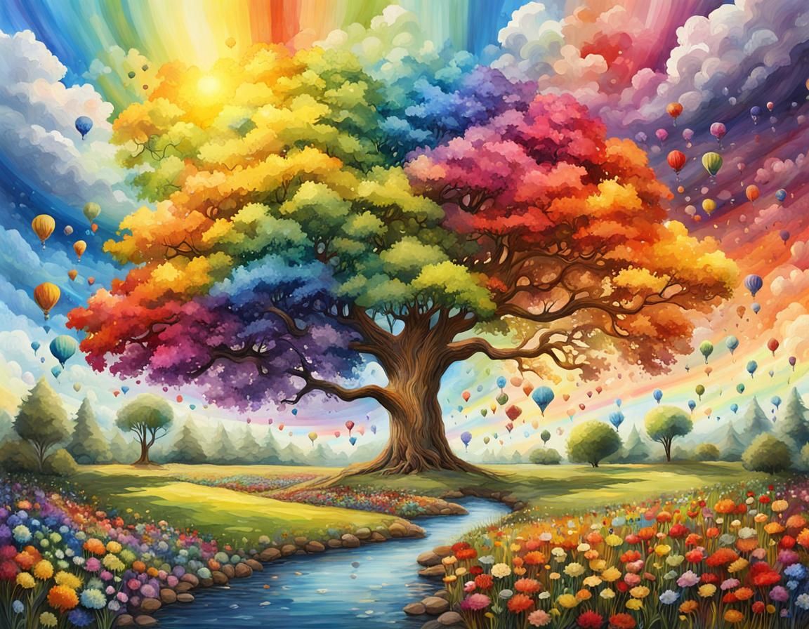 Rainbow Oak Tree and Creek: Vibrant Rustic Illustration