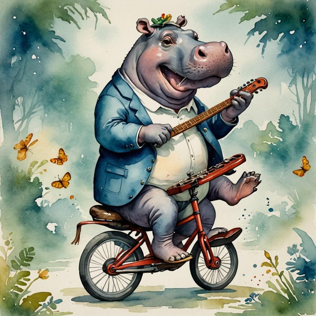 Hippo on Unicycle: A Watercolor Symphony