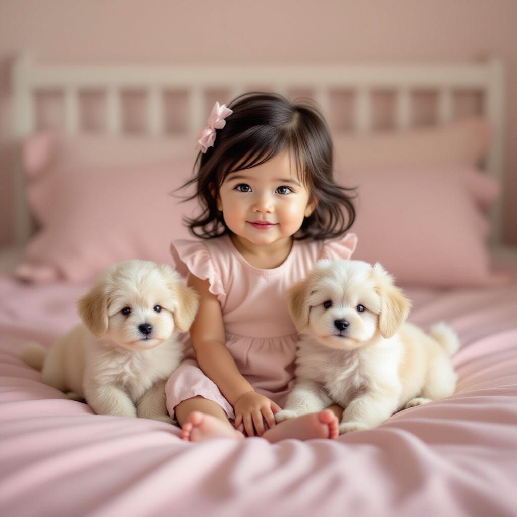 Young Girl and Puppies on Pink Bed in Warm Light