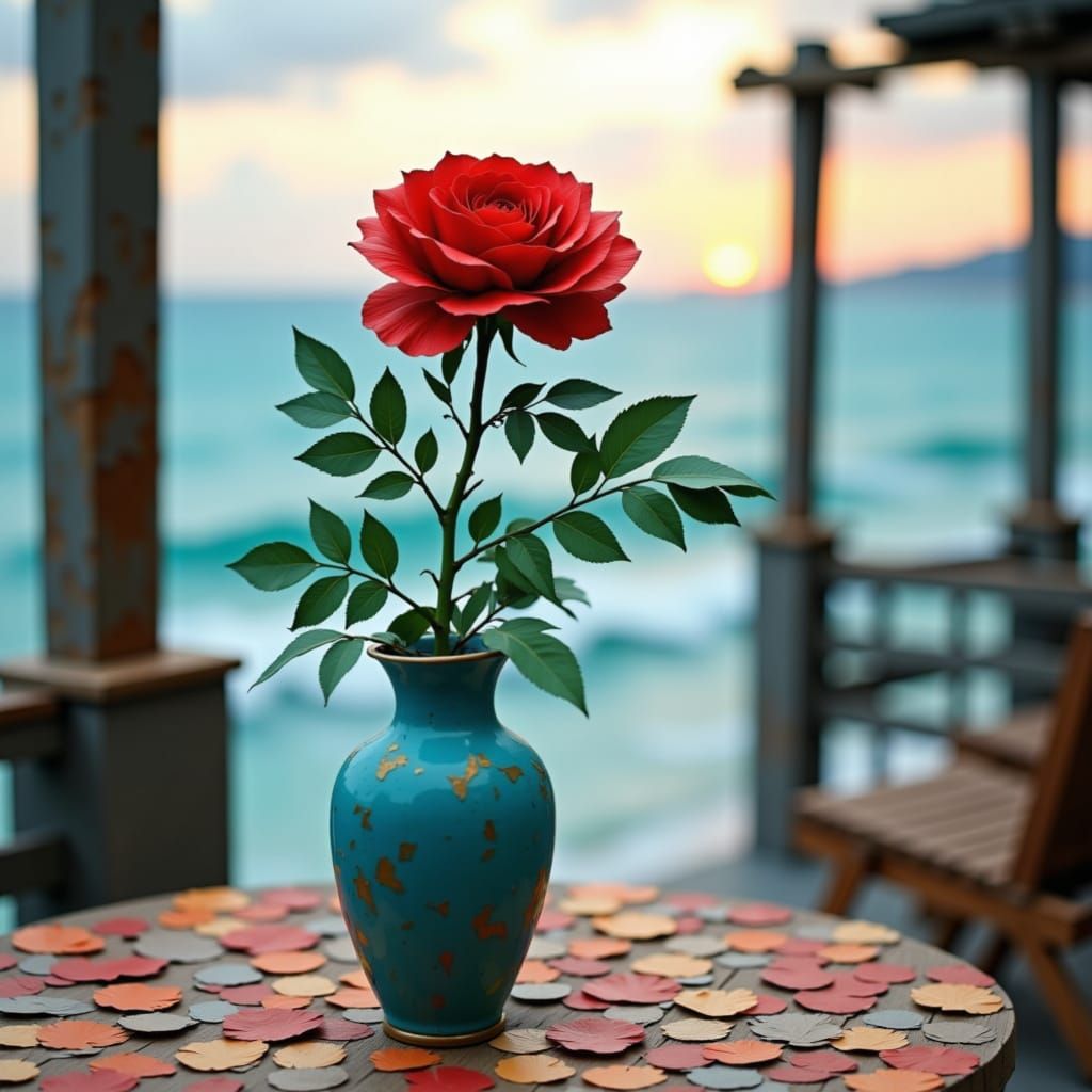 Red Rose Papercut Illustration with Ocean Bokeh