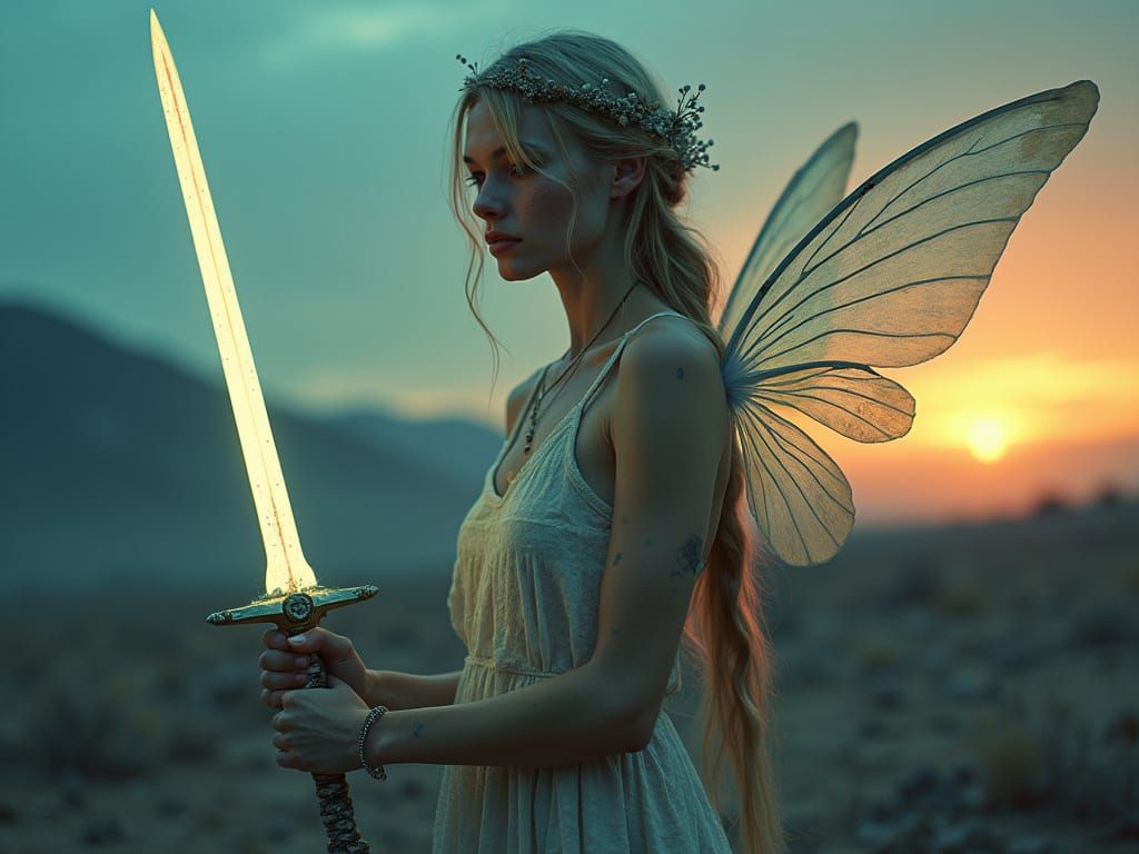 Post Apocalyptic Faerie Warrior in Desolate Landscape