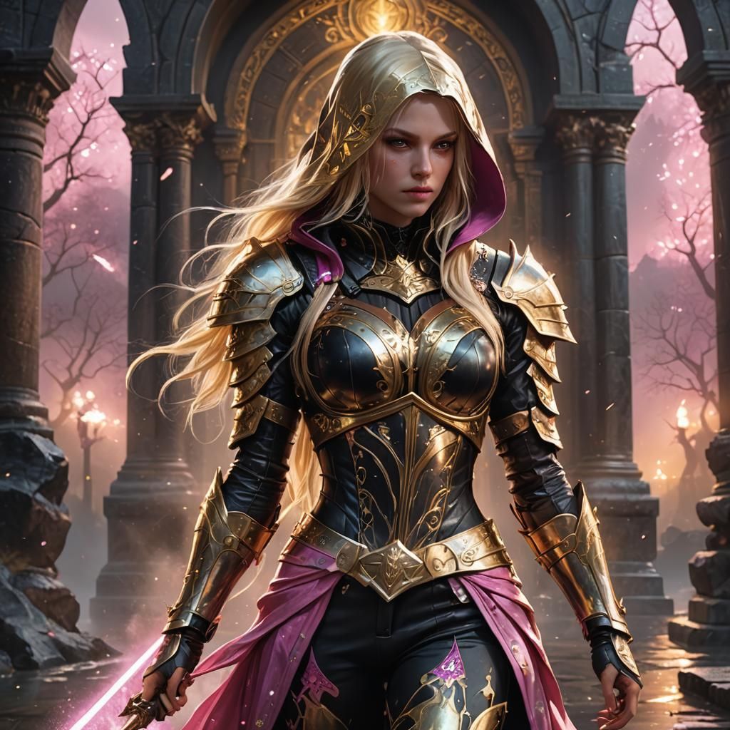 Female Assassin in Magical Suit on Temple Grounds