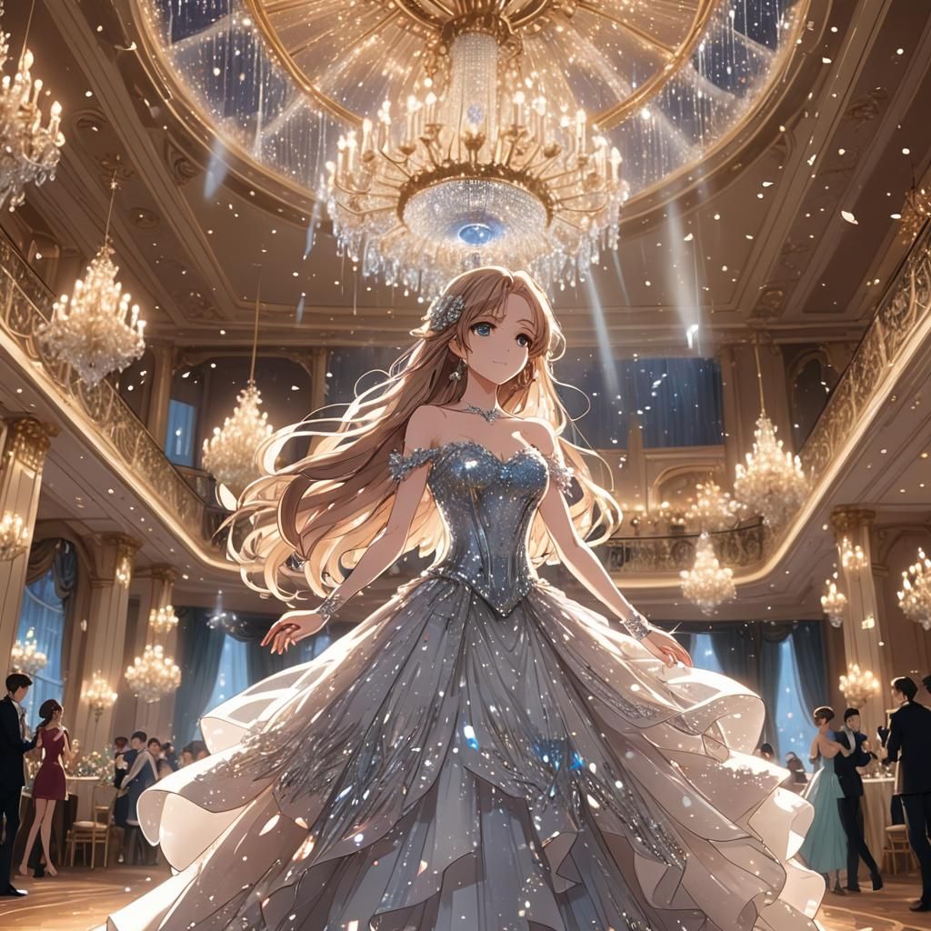Anime Girl Dances in Grand Ballroom Under Chandelier