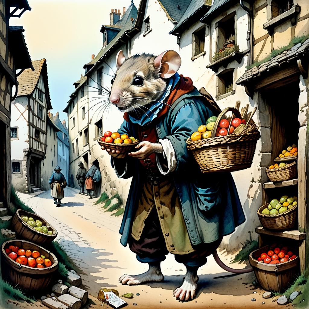 Mouse as Medieval Peddler: Watercolor Realism