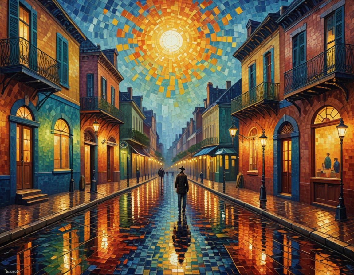 Vibrant Neo-Impressionist Street Scene in Mosaic Oil Paintin...