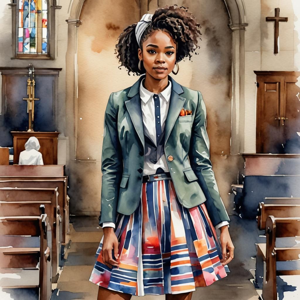 Watercolor Clipart of Young Lady in Church Outfit