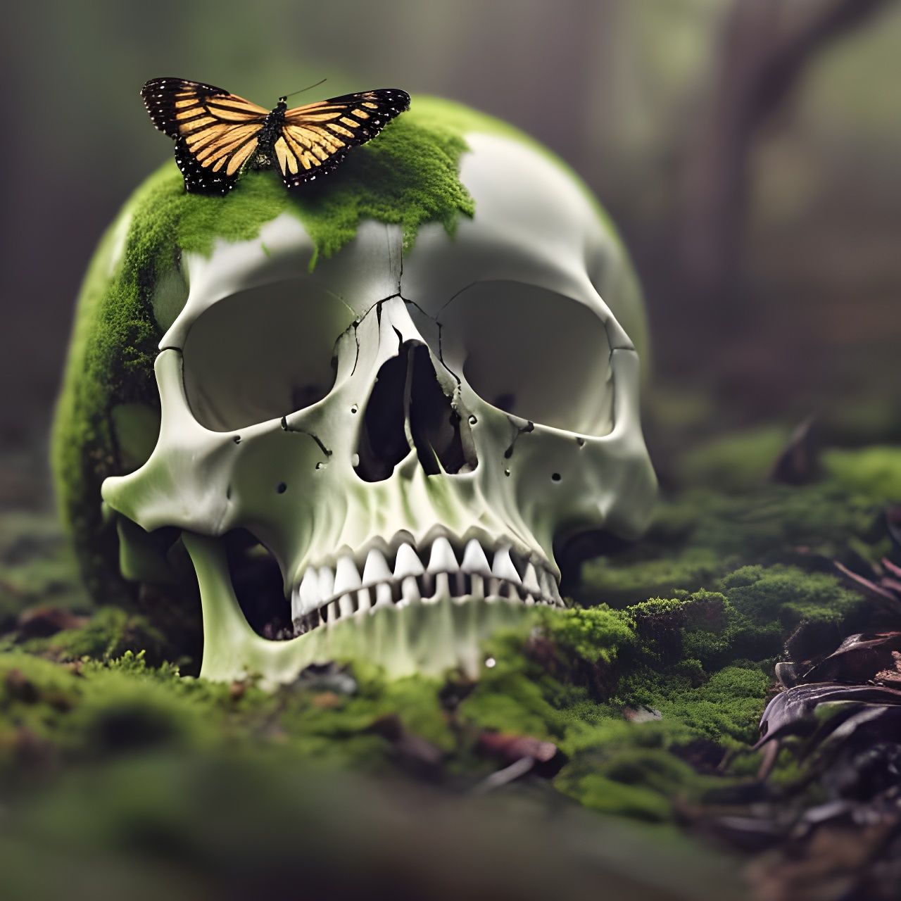 Moss Skull with Butterfly in Detailed Collage