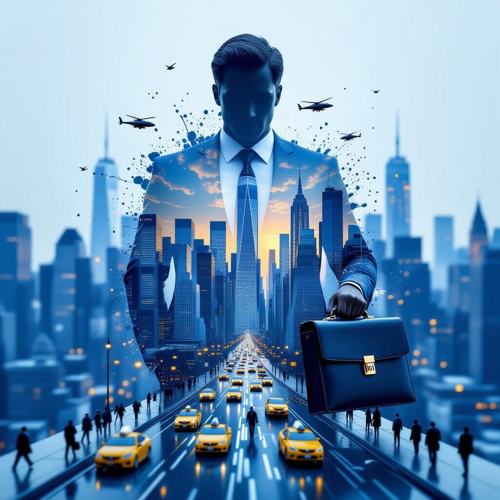 Businessman Silhouette With Liquid Silver Manhattan Skyline