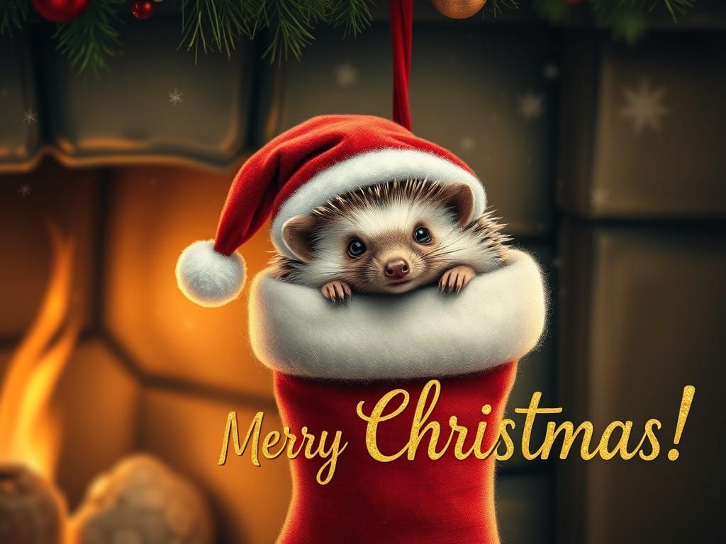 Tiny Hedgehog Peeks from Christmas Stocking in Whimsical Won...