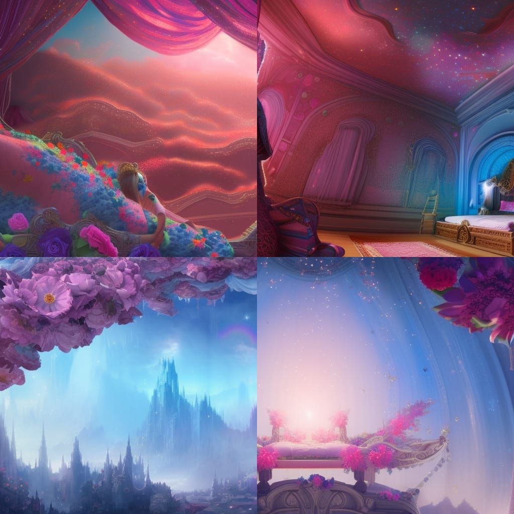 Giant Regal Bed with Rainbow, Detailed Matte Painting