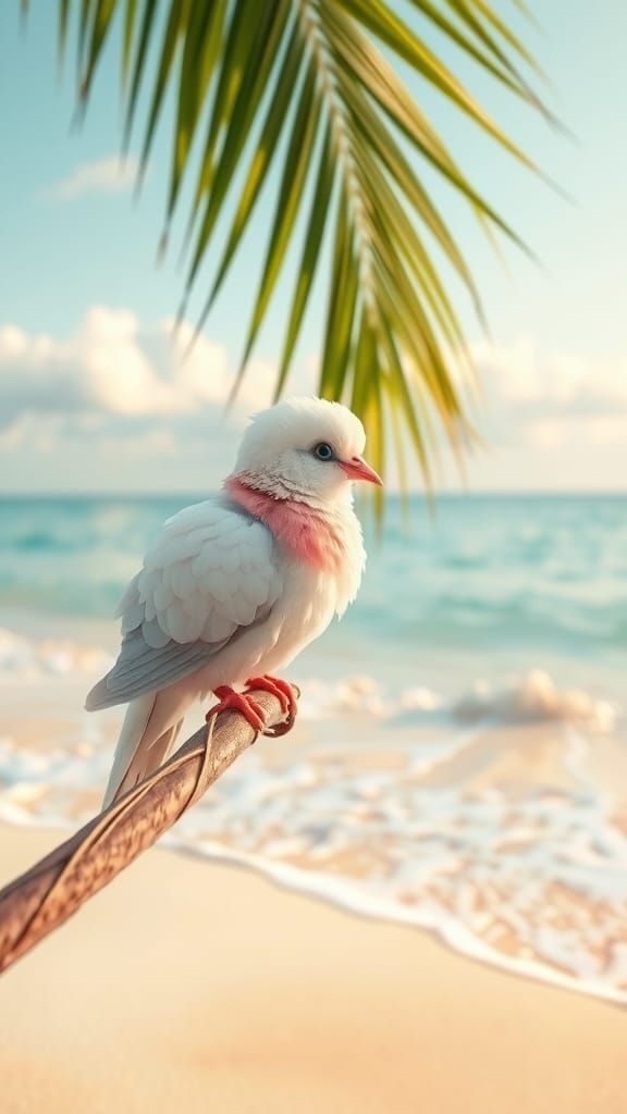 Chibi Pigeon on Tropical Beach in Digital Art Style