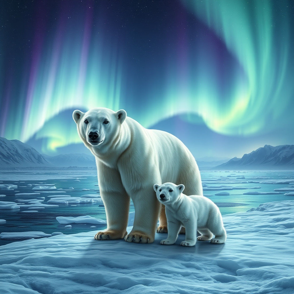 Polar Bear Family Under Northern Lights: Hyperrealistic Scen...