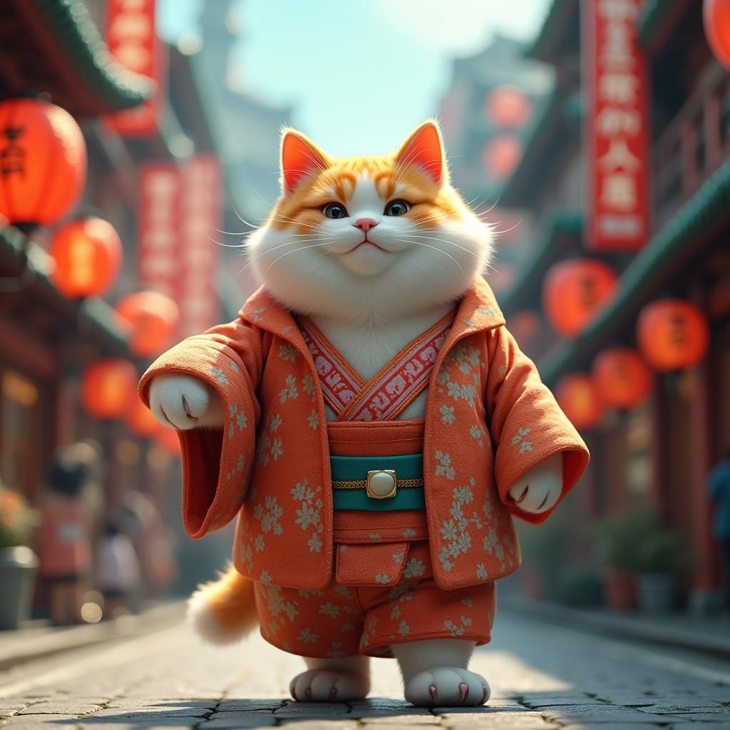 Cat in Kimono Strolling Tokyo Street: Digital Art