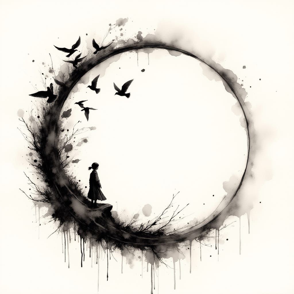 Enso Circle Transforms Into Birds in Ink Wash Style